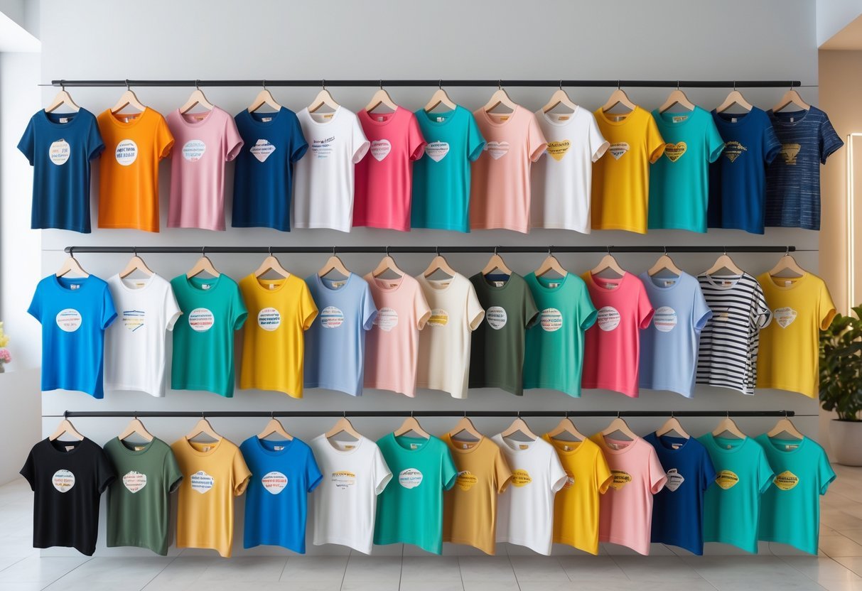 A display of 30 different women's T-shirts in various styles and colors arranged in a bright boutique.