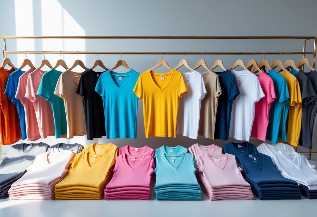 An assortment of 30 women's V-neck T-shirts in various colors and styles arranged neatly against a plain background.