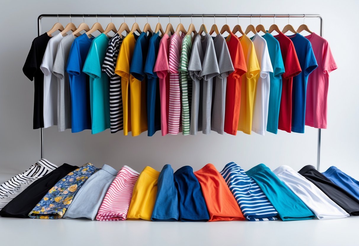 A collection of 30 different women's long sleeve T-shirts displayed together, showing a variety of colors and styles.