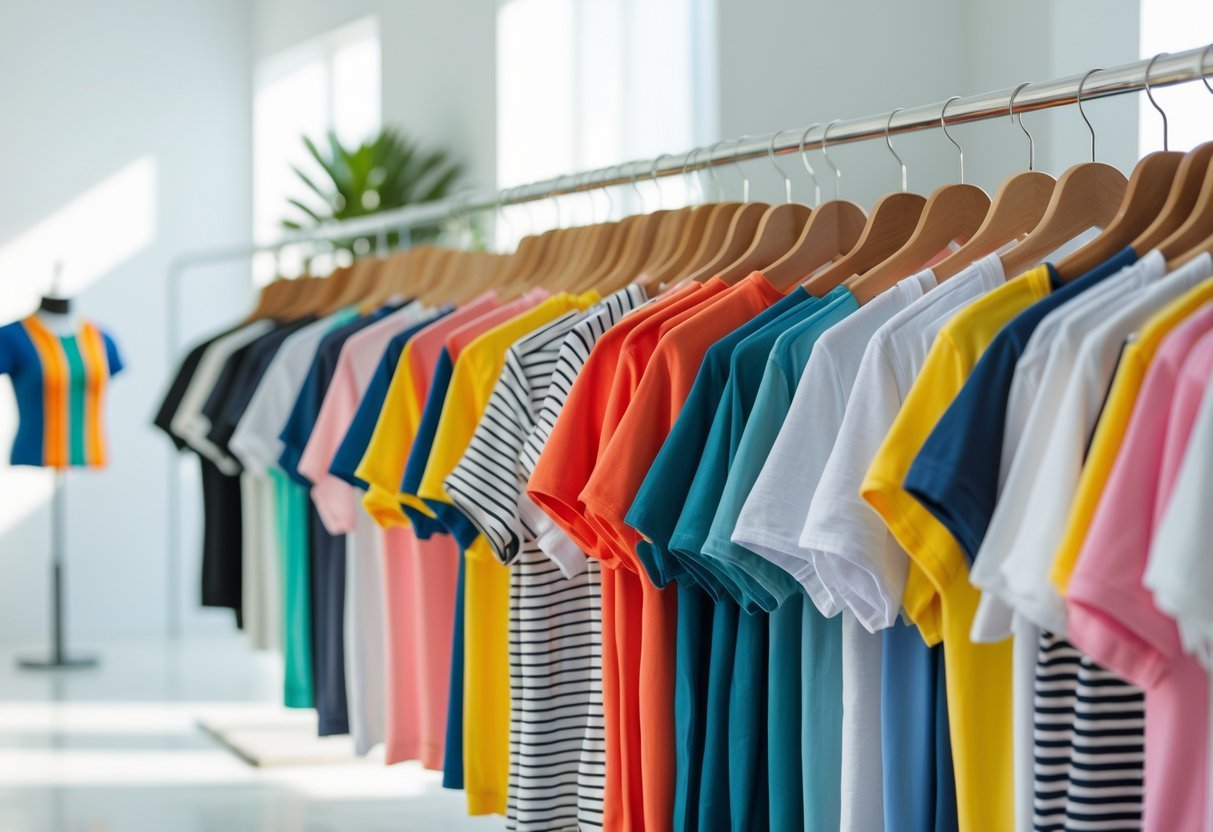 A display of various women's T-shirts including multiple striped designs arranged on hangers and mannequins in a bright boutique.