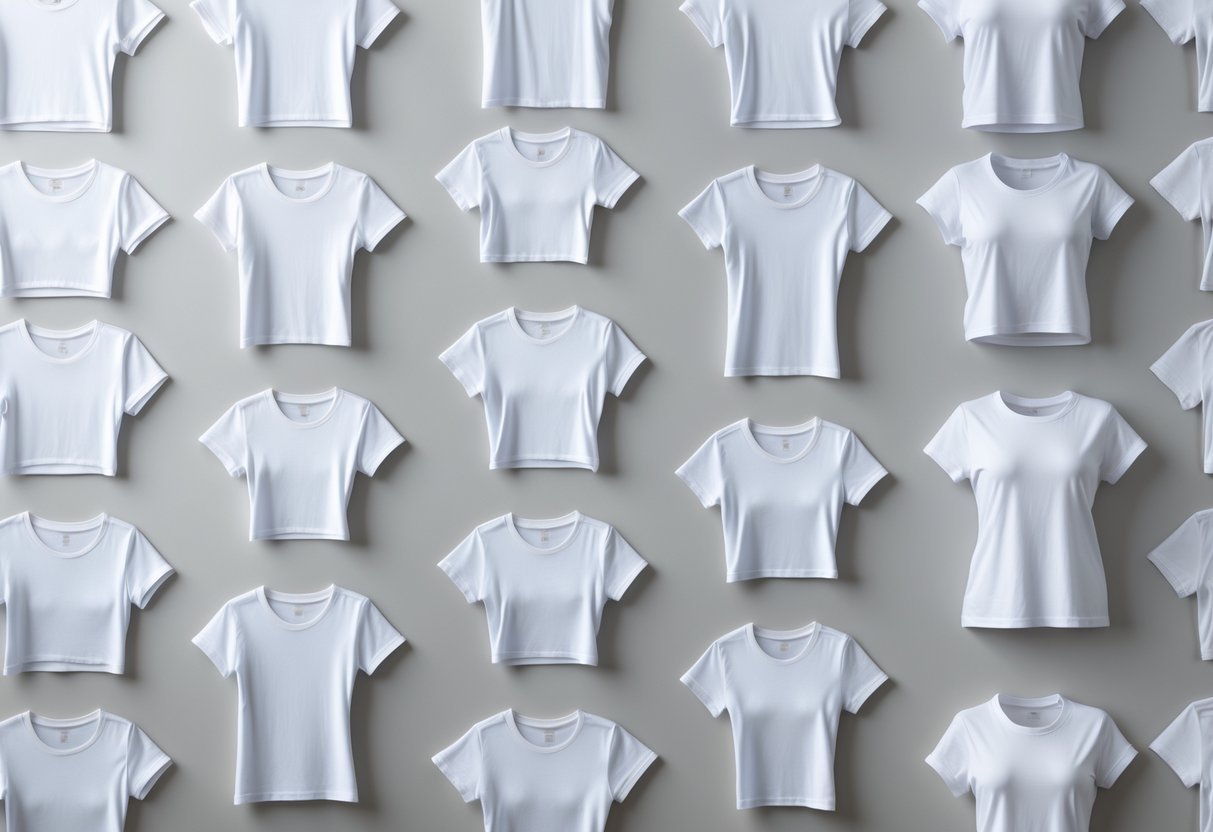 A collection of 30 plain white women's t-shirts arranged neatly on a neutral background, showing various styles and designs.