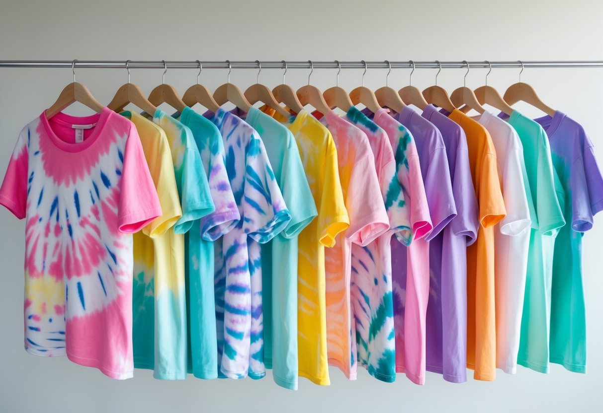 A collection of 30 women's tie-dye T-shirts in various colors and styles hanging on wooden hangers against a plain background.