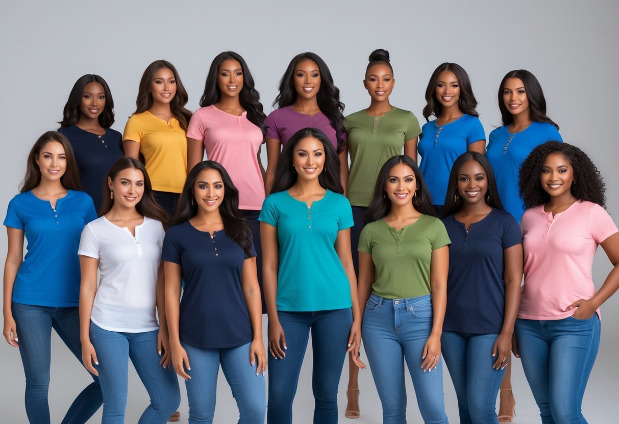 A group of women wearing various styles and colors of Henley T-shirts standing together in a studio.