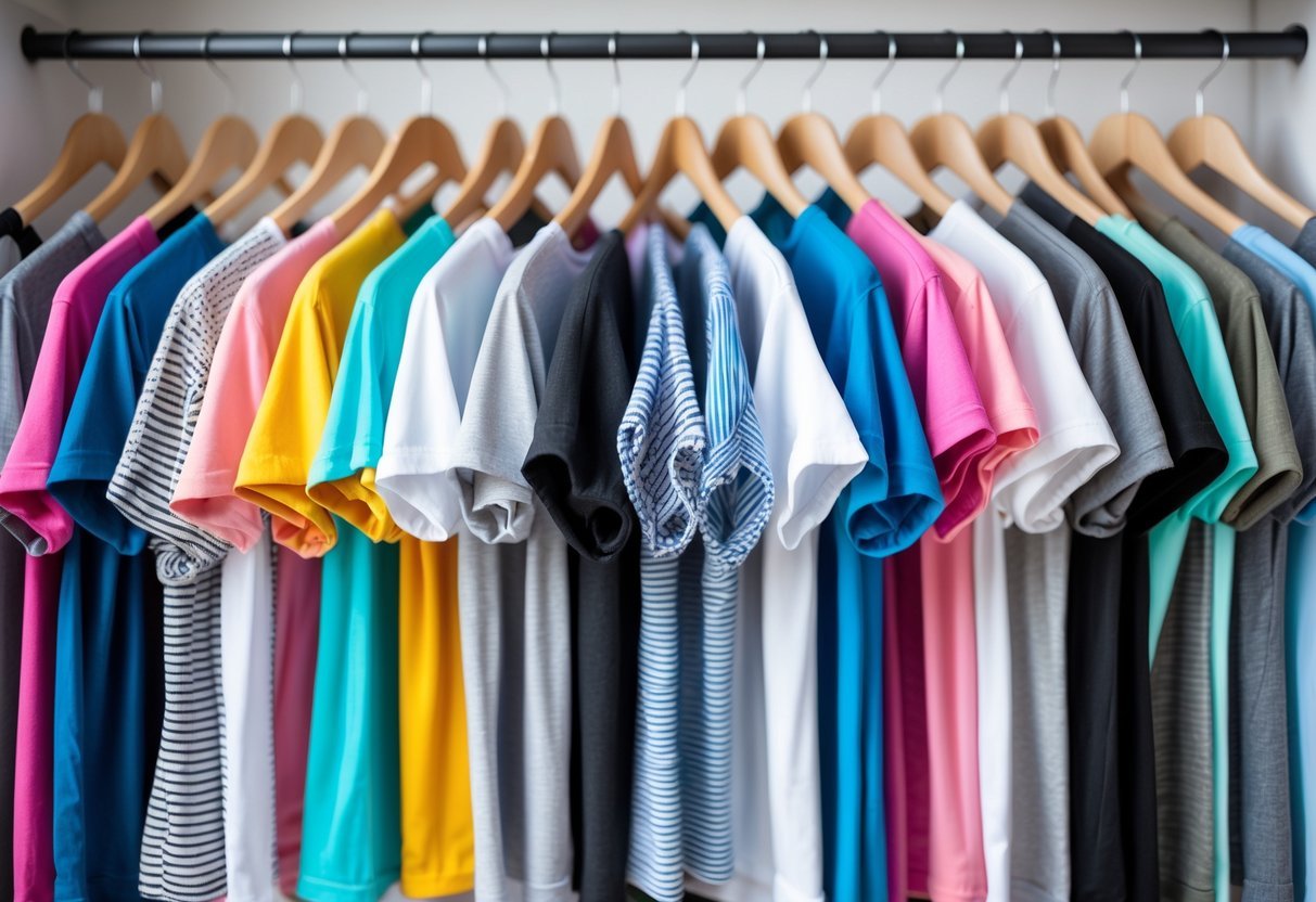 A collection of 30 women's raglan sleeve T-shirts in various colors and patterns hanging neatly in a closet.