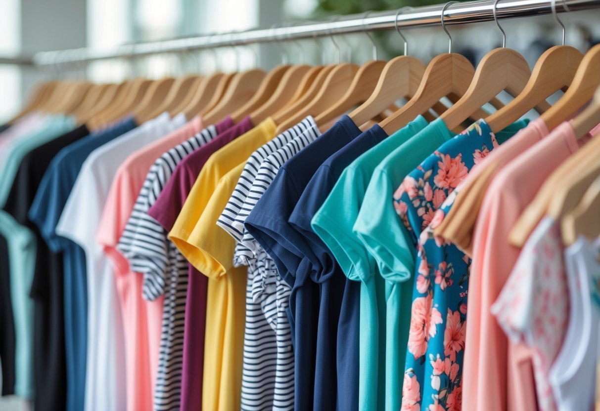 A clothing rack displaying a variety of women's muscle tee t-shirts in different colors and patterns.