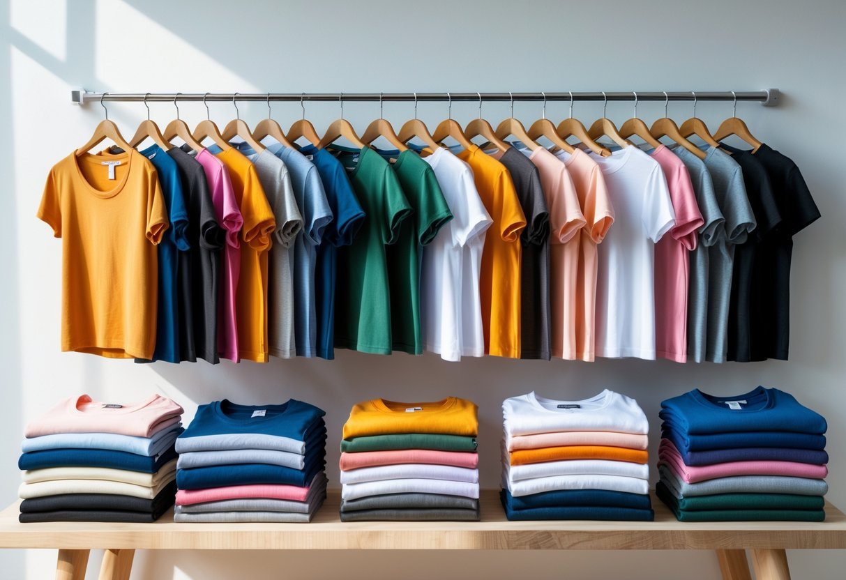 A collection of various women's T-shirts displayed on hangers and folded on a wooden surface.