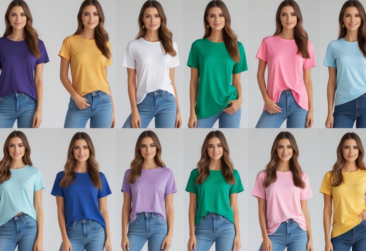 Several women wearing different high-low hem T-shirts standing and posing in a bright studio.