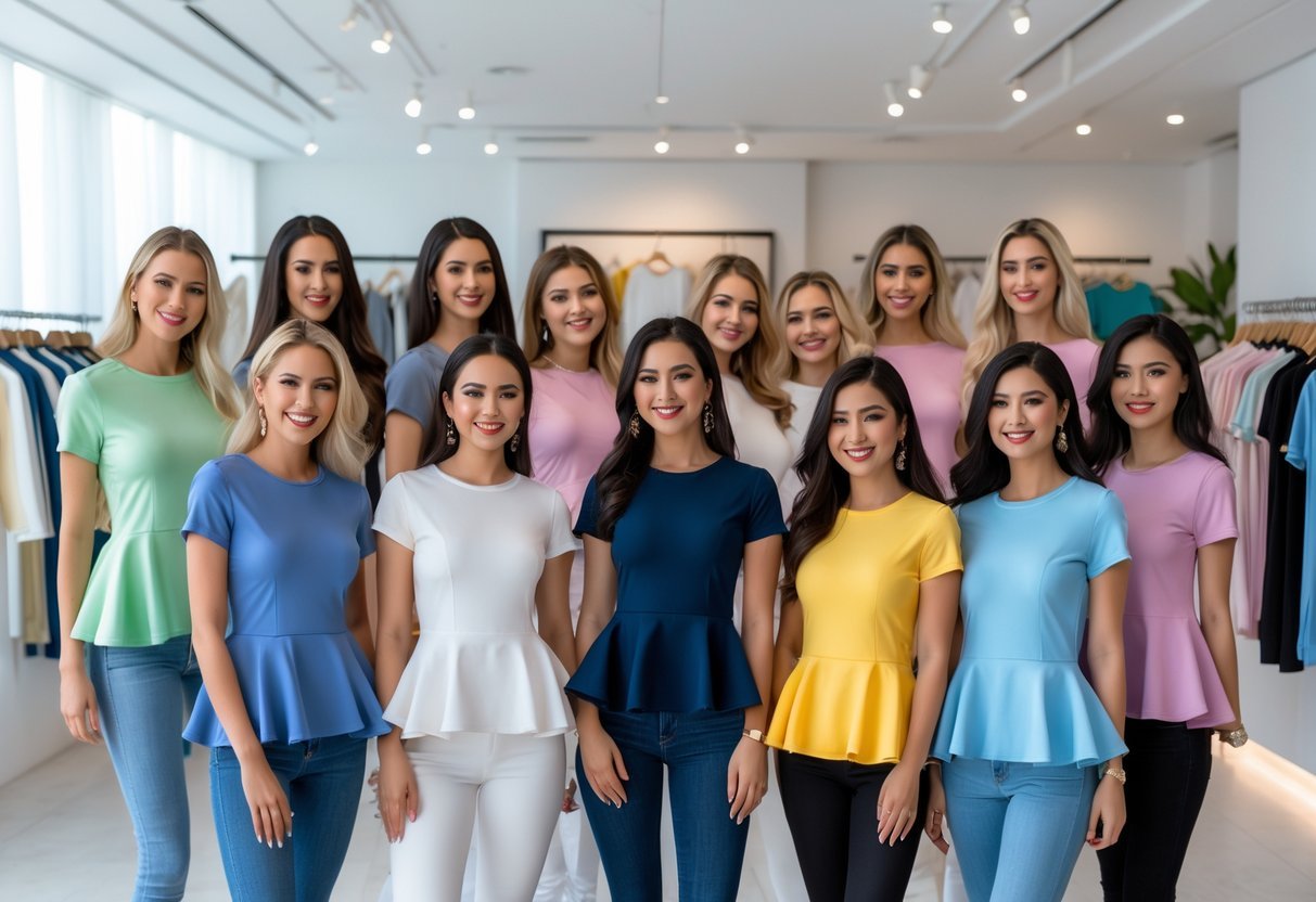 A group of women wearing different peplum T-shirts in a bright boutique, showcasing a variety of colors and styles.