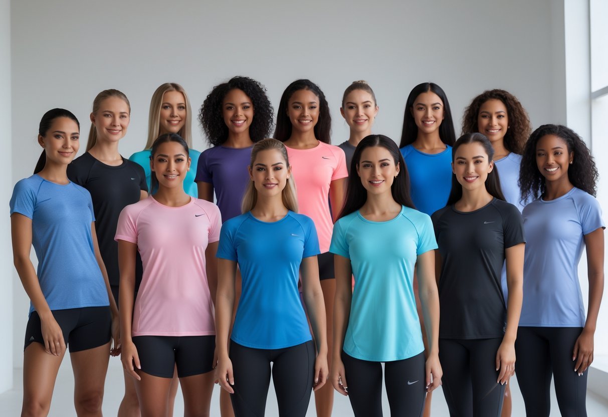 A group of diverse women wearing different styles of moisture-wicking T-shirts, standing together in a bright studio.