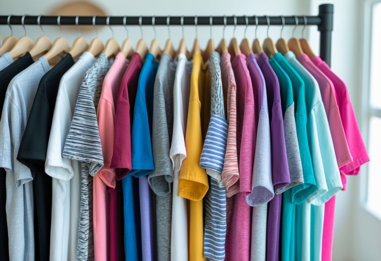 A collection of women's mock neck T-shirts in various colors and patterns displayed on hangers in a bright room.