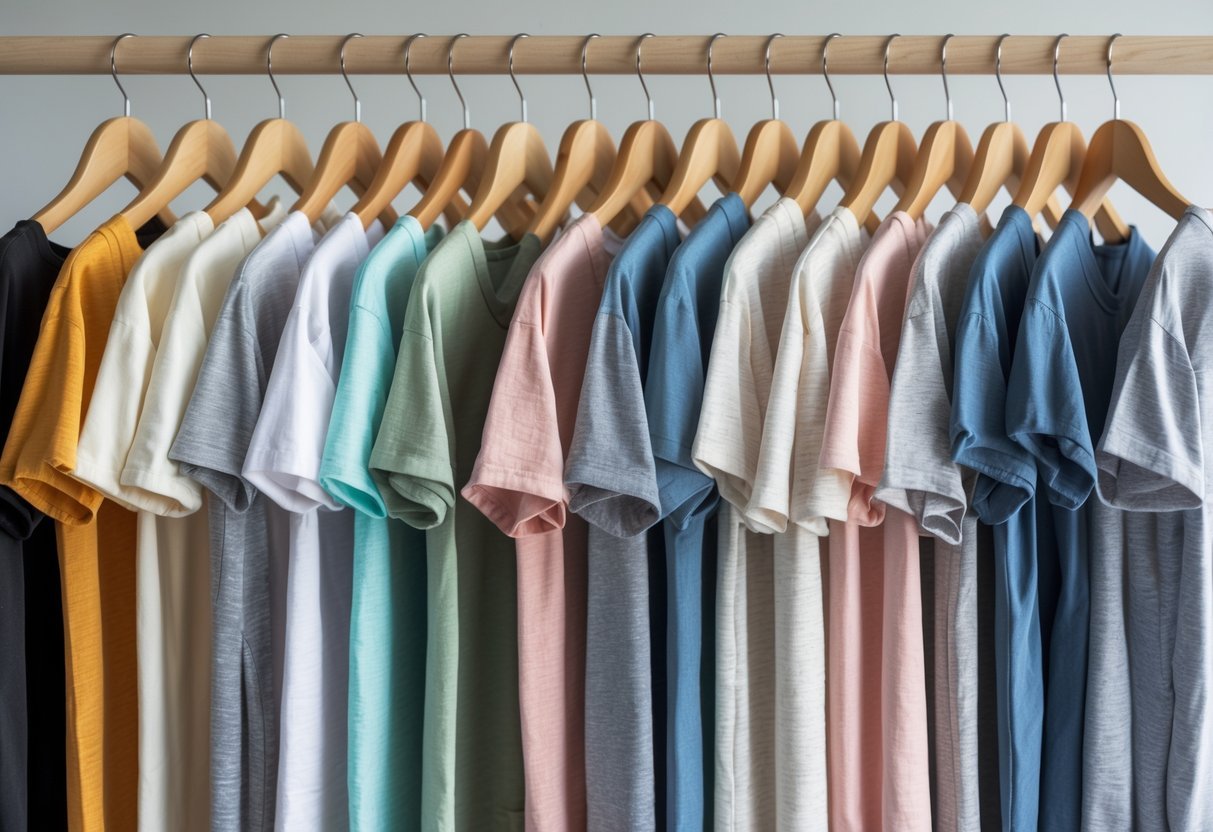 A collection of 30 women's slub cotton T-shirts in various colors and styles hanging neatly on wooden hangers against a plain background.