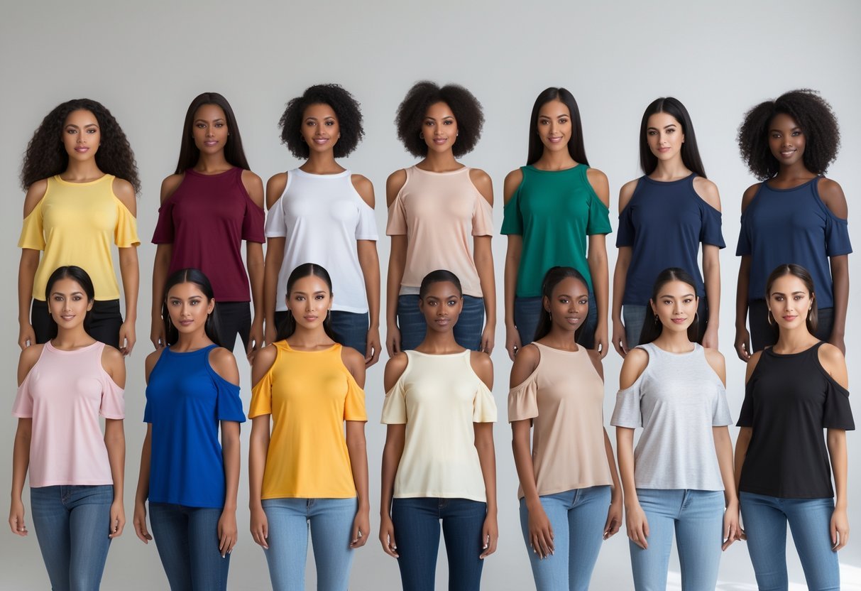 A group of women wearing various cold shoulder T-shirts, standing together in a studio setting.