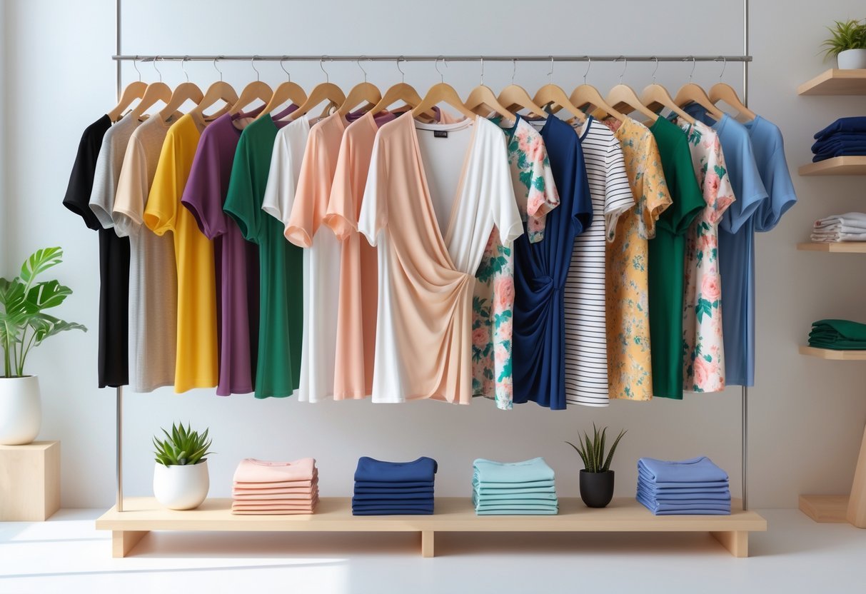 A collection of 30 women's wrap front T-shirts displayed on hangers and racks in a bright boutique setting.