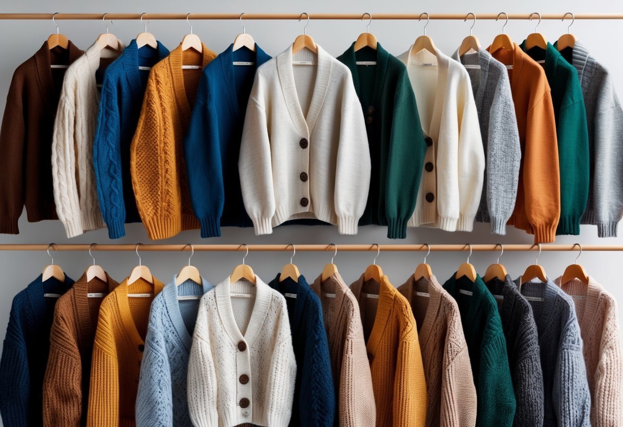 A collection of 32 different cardigan sweaters displayed on hangers against a plain background.