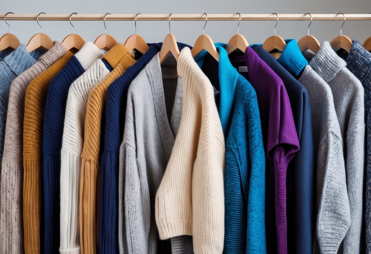 A collection of 32 different sweaters, including many V-neck styles, hanging neatly on wooden hangers against a plain background.