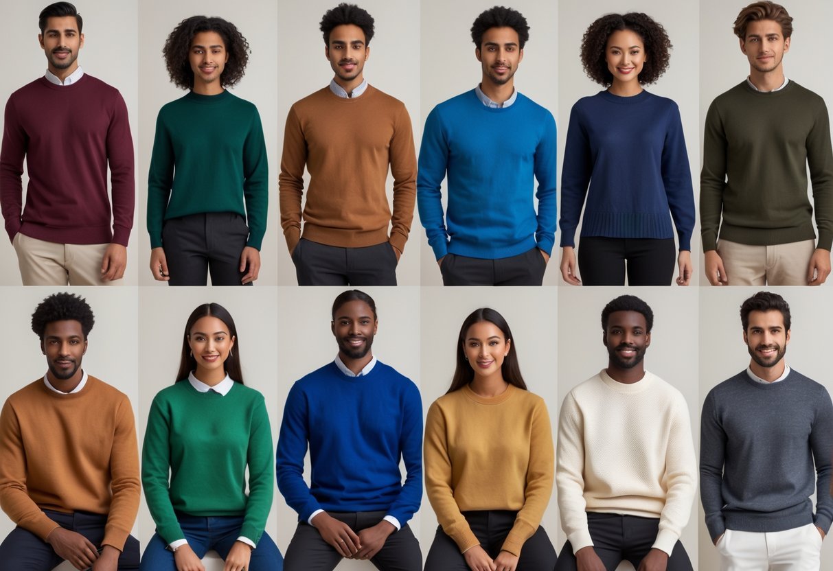 A group of people wearing different crew neck sweaters in various colors and materials, standing and sitting against a plain background.