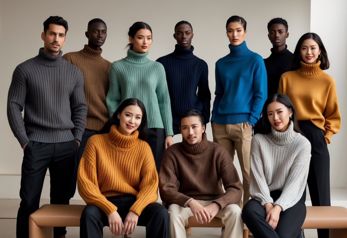 A group of people wearing different styles and colors of turtleneck sweaters posing together in a studio.
