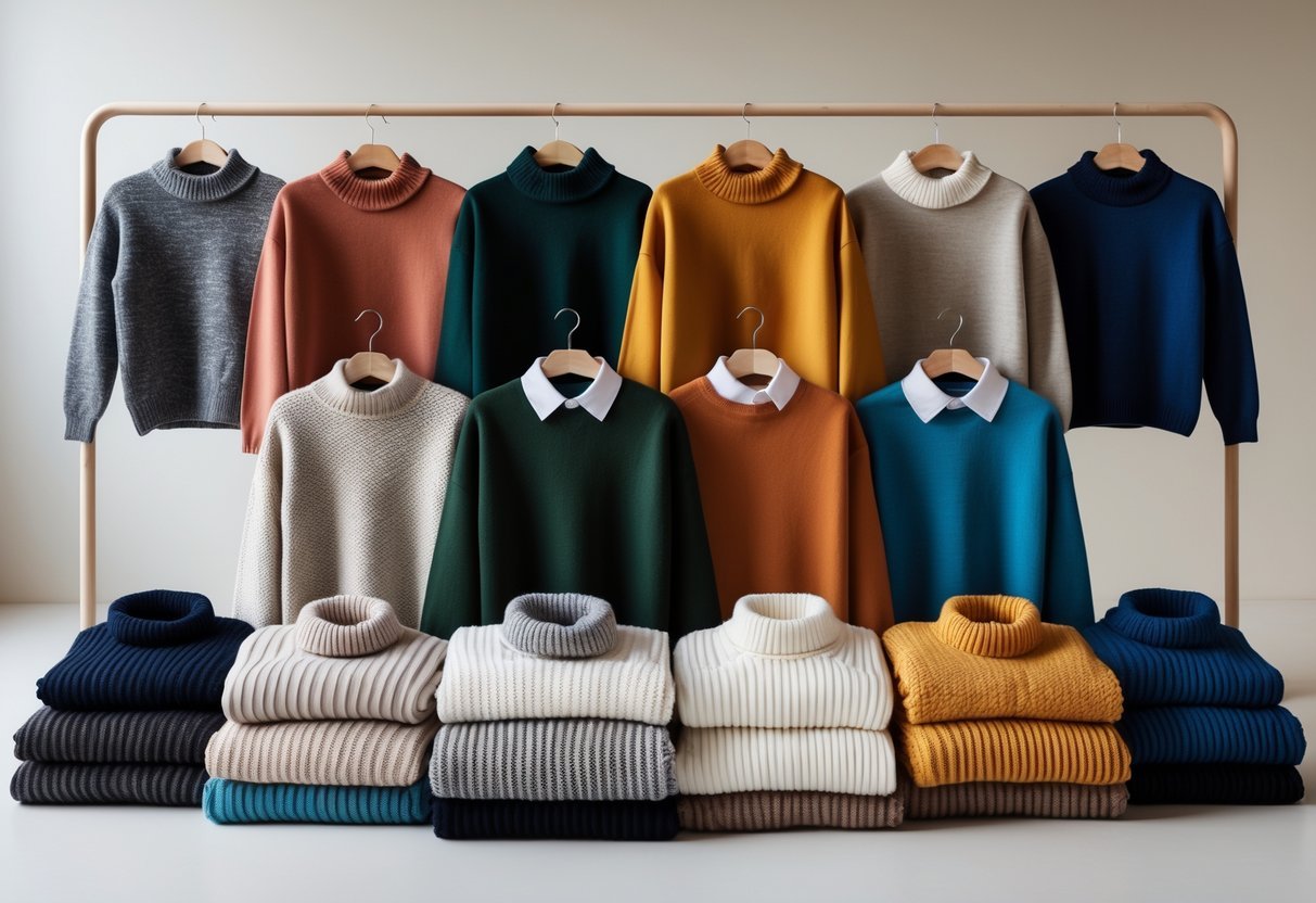 A collection of 32 different polo neck sweaters in various colors and textures displayed neatly against a plain background.