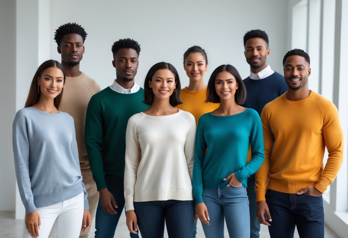 A group of people wearing different scoop neck sweaters standing together in a bright studio.