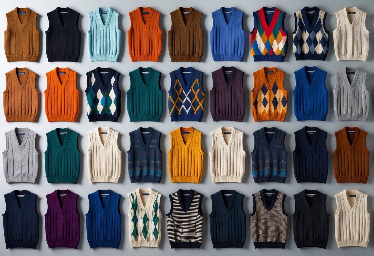 A neatly arranged collection of 32 different sweater vests in various colors and patterns displayed on a neutral background.