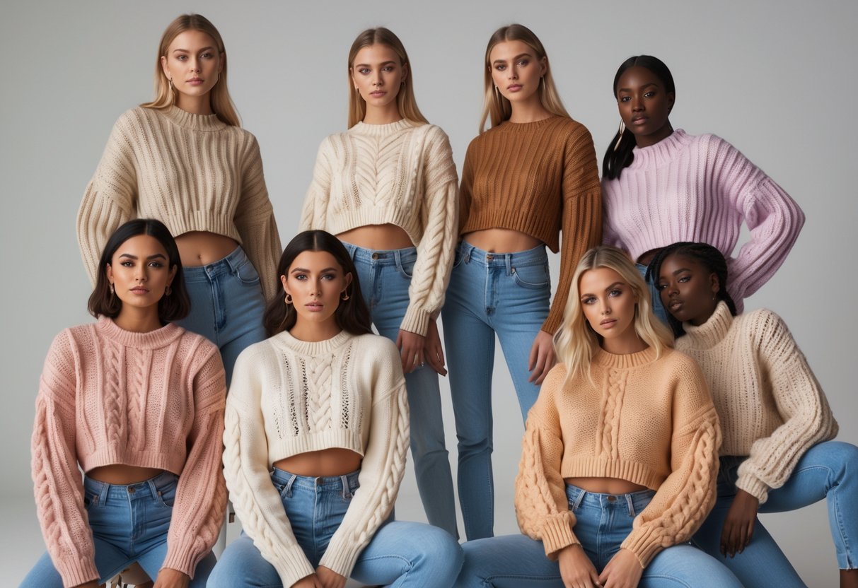 A group of people wearing different styles of cropped sweaters posing against a plain background.