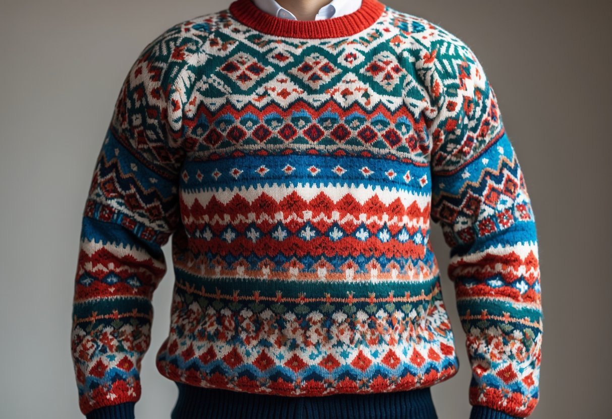 Person wearing a colorful Fair Isle sweater with intricate patterns, shown from the chest up against a plain background.