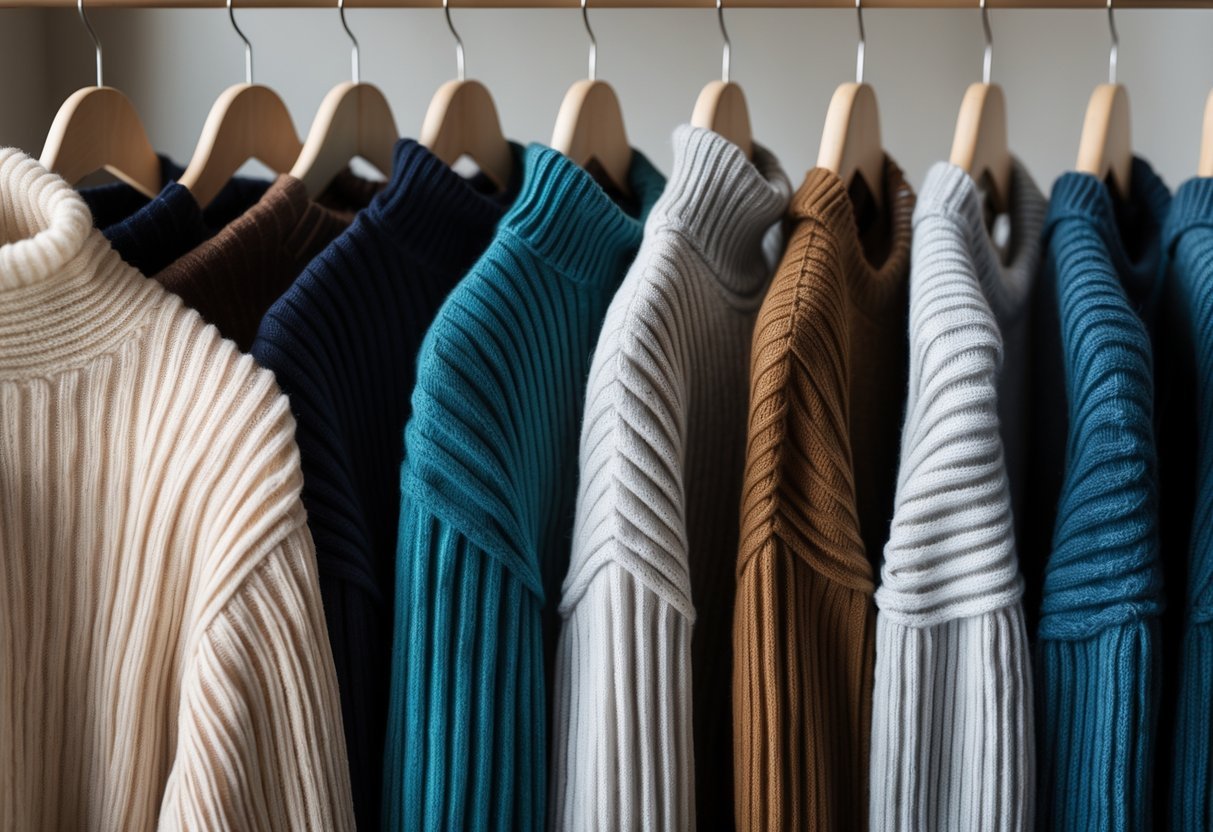 A collection of ribbed sweaters in different colors and styles hanging on wooden hangers against a plain background.
