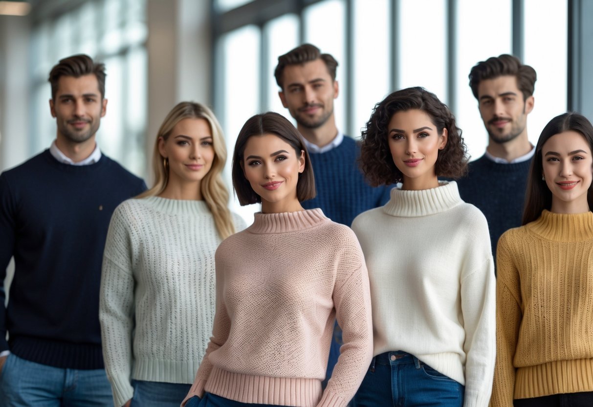 A group of people wearing different boat neck sweaters in a bright indoor setting.