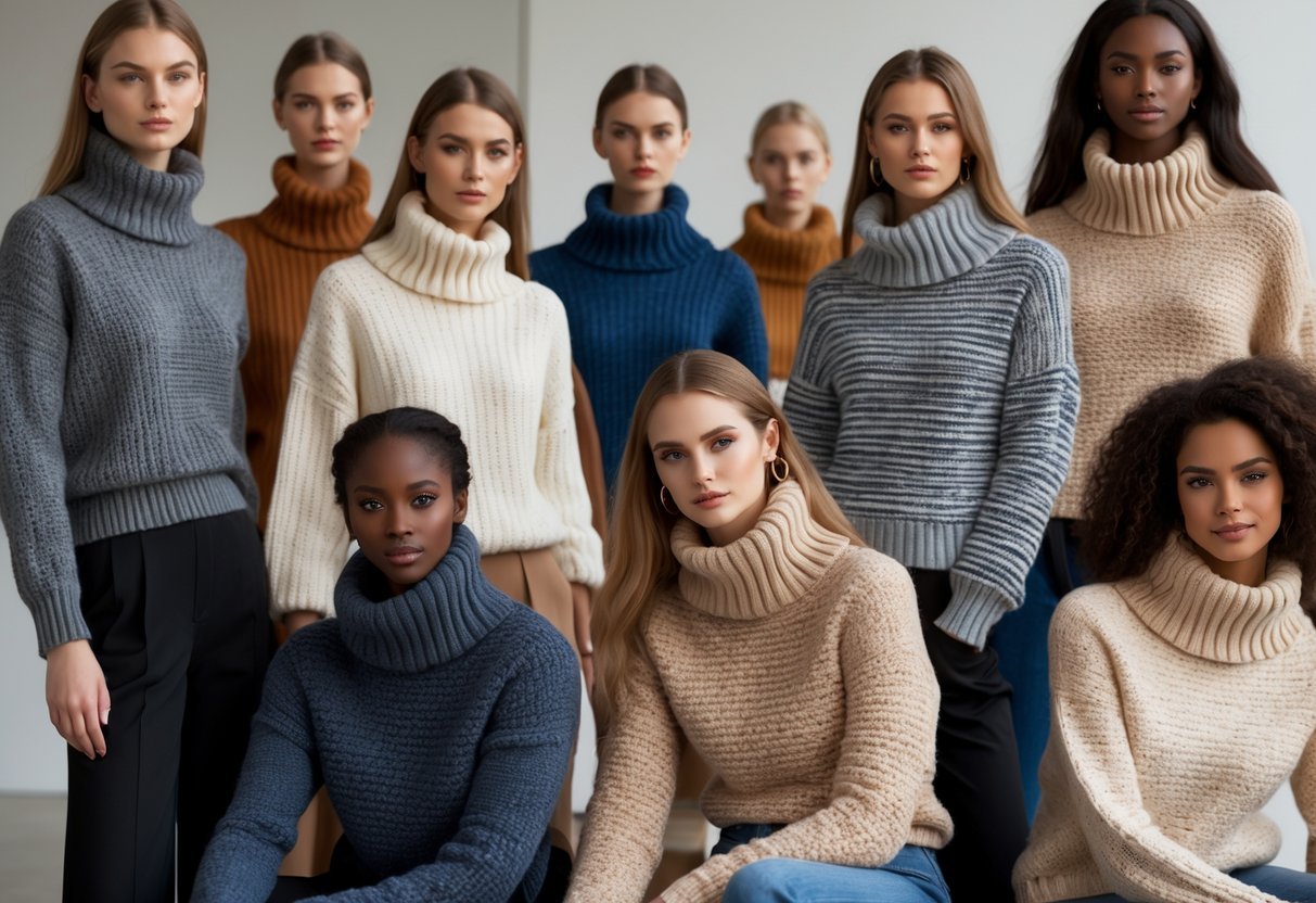 A group of people wearing different shawl collar sweaters posing together in a bright indoor setting.