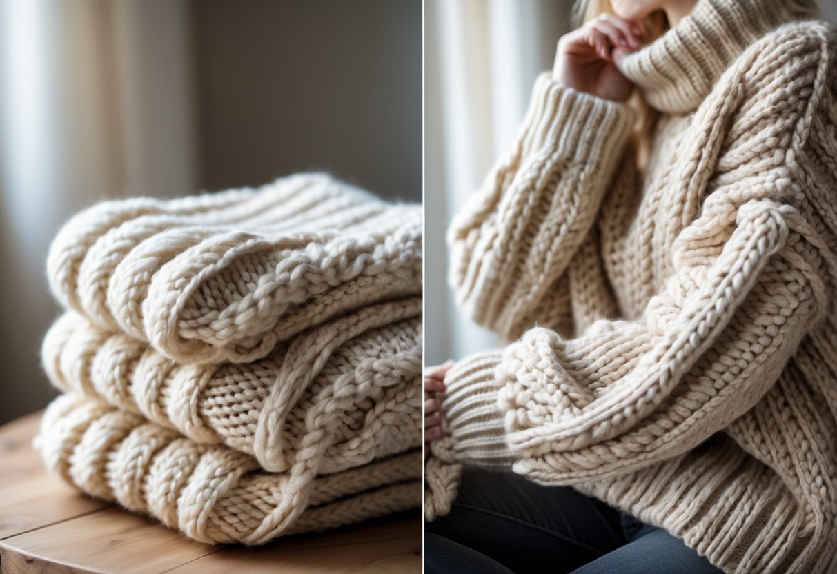 A close-up view of a chunky knit sweater highlighting its thick texture and cozy appearance.