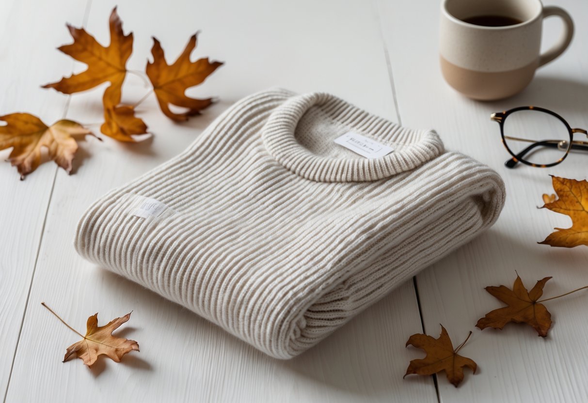 A folded light-colored merino wool sweater on a wooden surface with autumn leaves and a mug nearby.