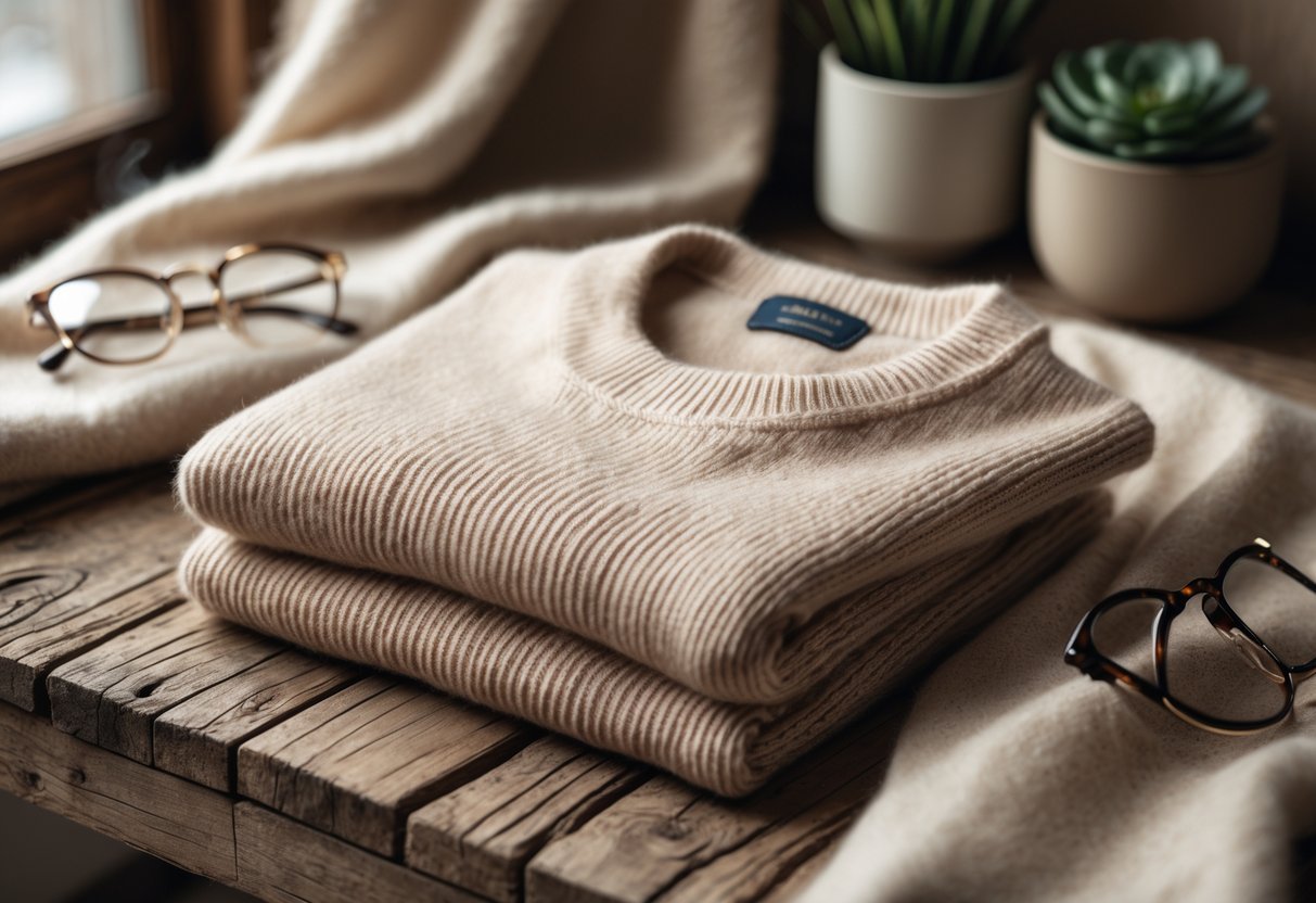 A folded beige cashmere blend sweater on a wooden surface with a pair of eyeglasses, a small plant, and a cup nearby.