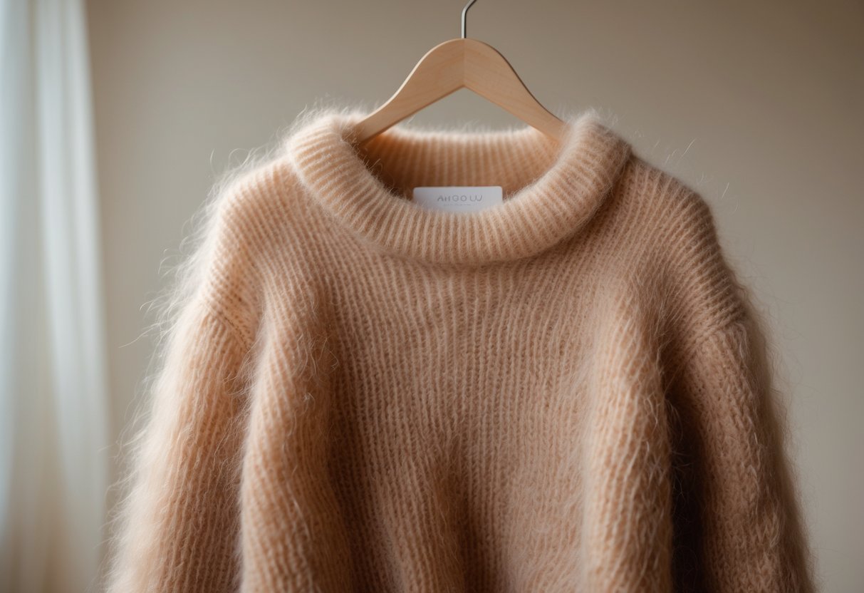 A mohair sweater hanging on a wooden hanger against a plain background.