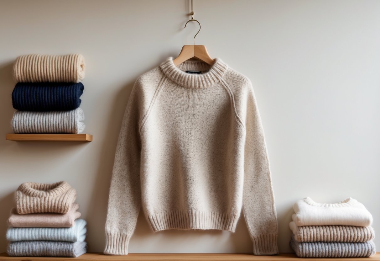 An alpaca wool sweater hanging on a wooden hanger with various folded sweaters arranged nearby on a wooden surface.