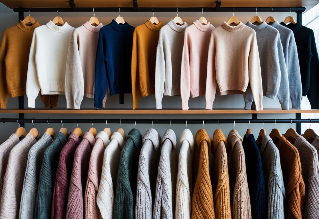 A display of 32 wool blend sweaters in various styles and colors arranged on shelves and hangers in a store.