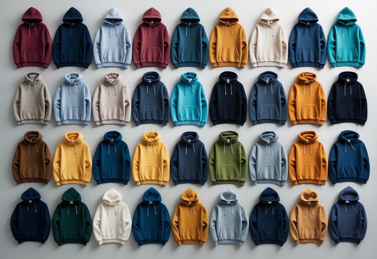 A collection of 32 different hooded sweaters displayed neatly on a plain background.
