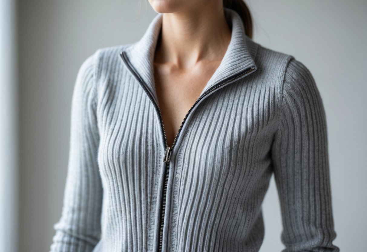 Person wearing a zippered cardigan sweater against a plain background.