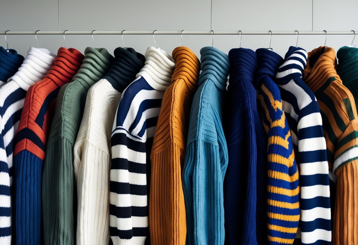 A collection of 32 different striped sweaters in various colors and styles arranged neatly on a plain background.