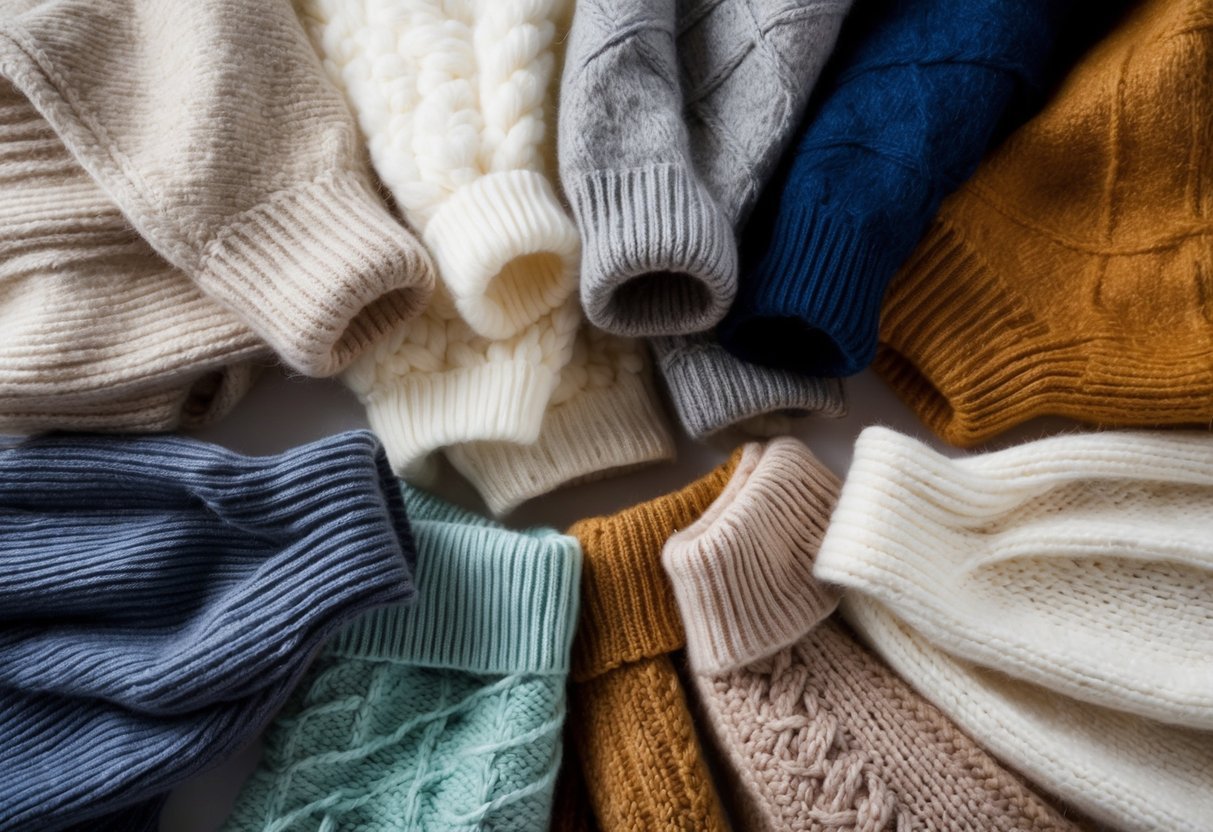 A flat lay of various sweaters made from different materials arranged on a neutral background.
