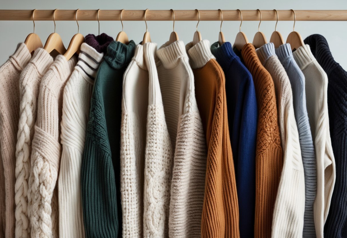 A collection of various sweaters hanging on wooden hangers against a neutral background.