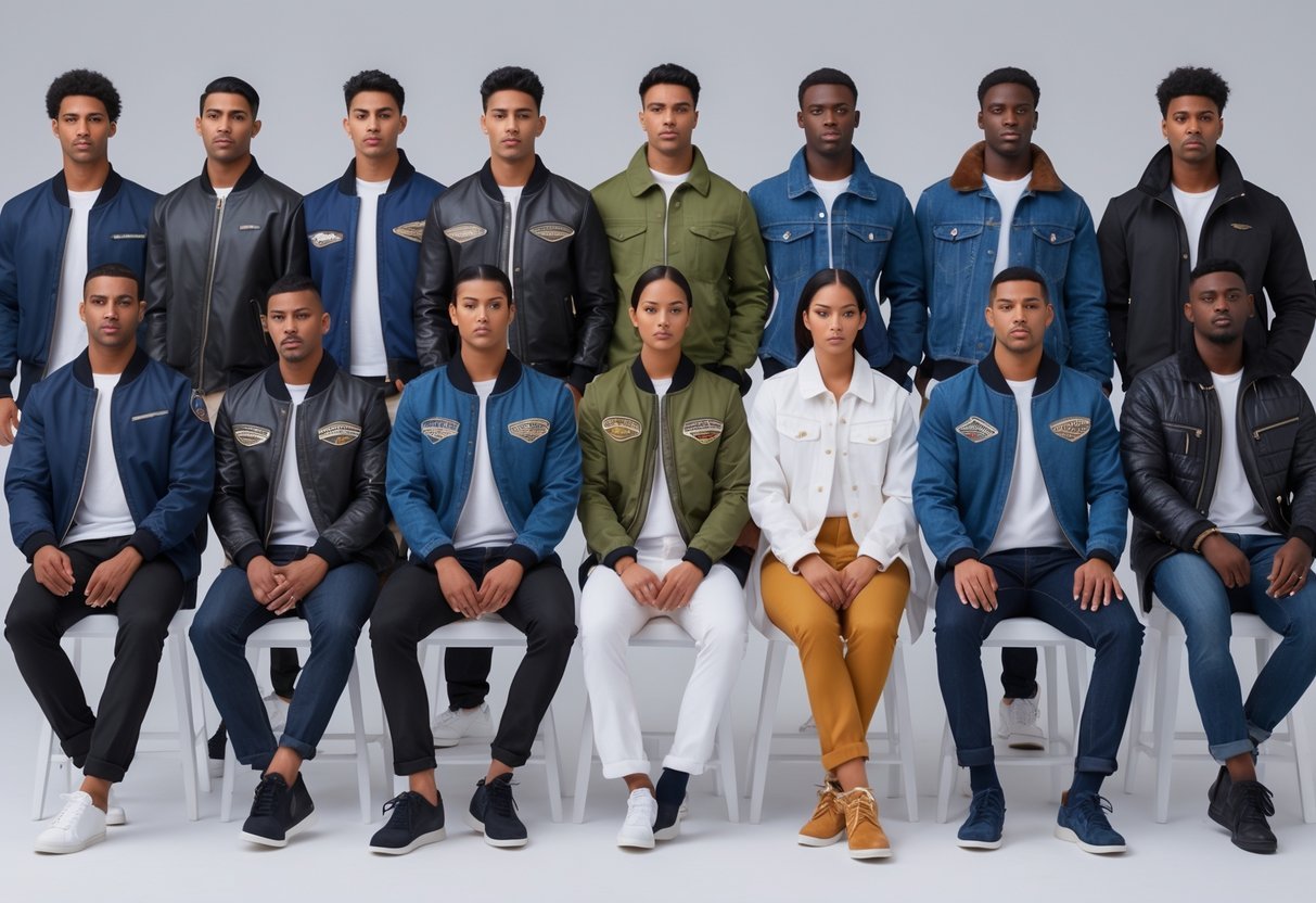 A group of men and women wearing various types of jackets, including bomber jackets, standing and sitting against a plain background.