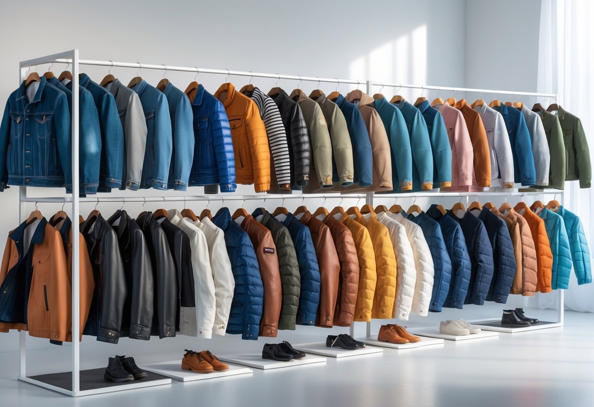 A display of 20 different jackets for men and women arranged on racks and mannequins in a bright studio.