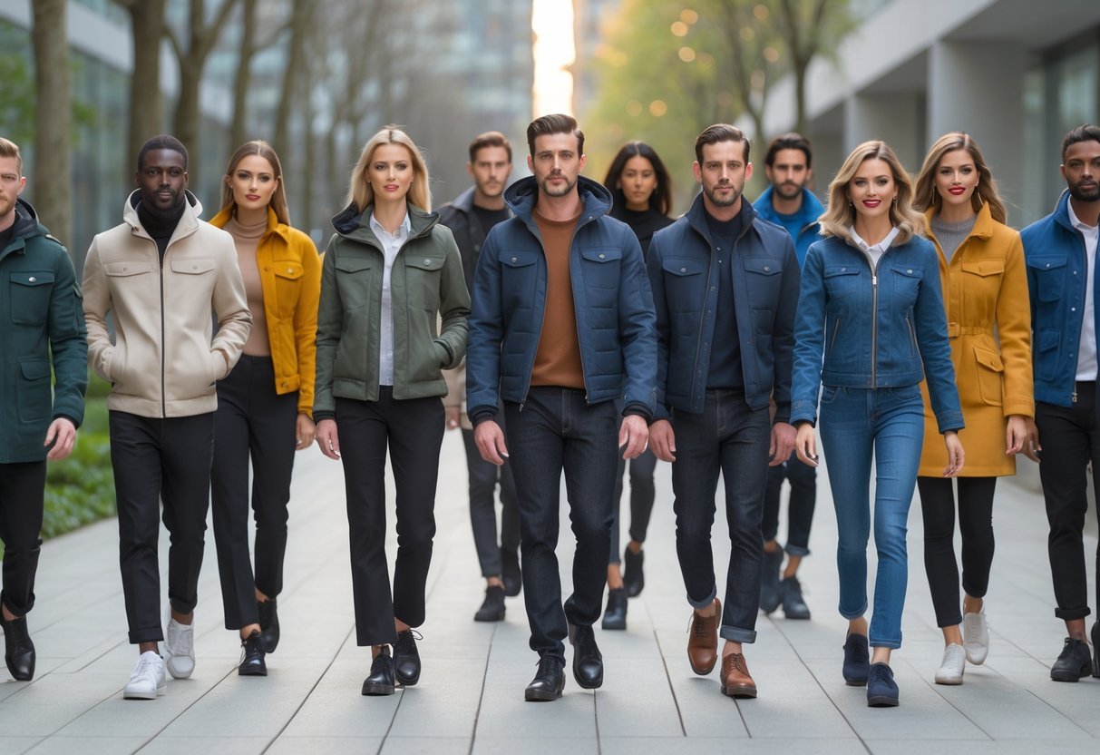 A group of men and women outdoors wearing various styles of jackets, standing and walking in an urban setting.