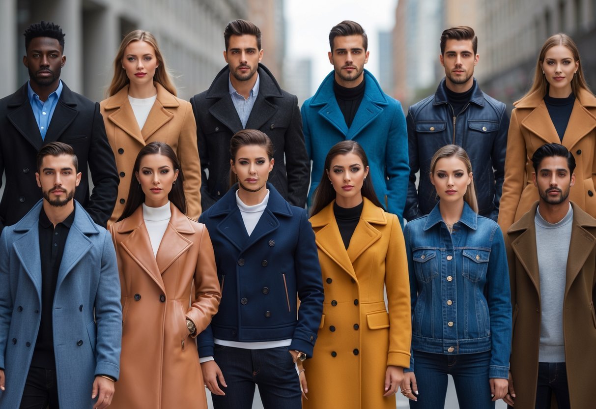A group of men and women standing outdoors wearing different types of jackets, including peacoats, in an urban setting.