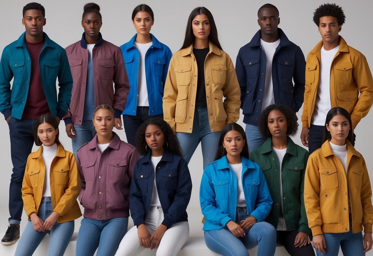 A group of men and women wearing different styles and colors of Harrington jackets, standing and sitting together in a studio setting.