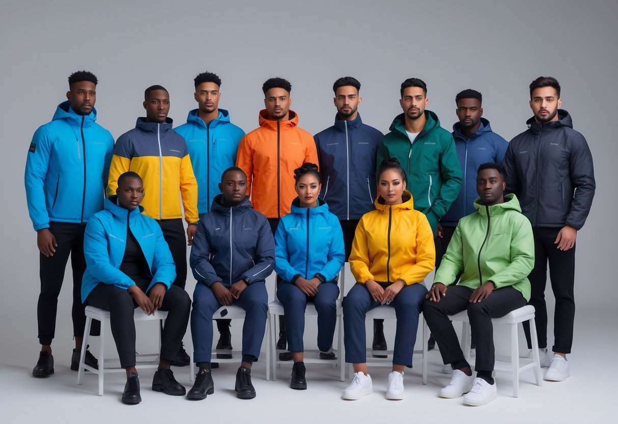 A group of men and women wearing various styles of jackets, standing and sitting together against a plain background.
