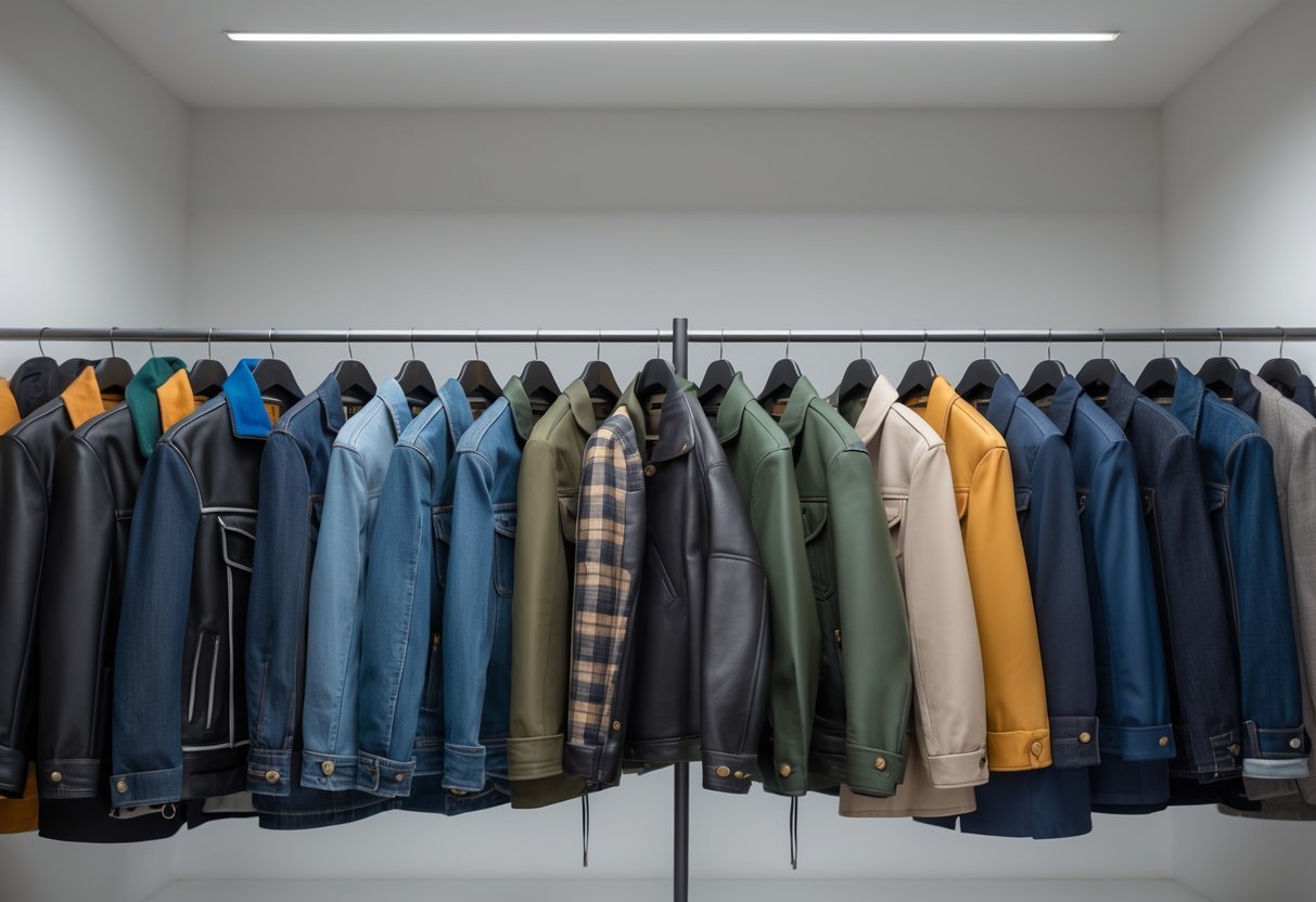A collection of twenty different jackets for men and women displayed on mannequins and hangers in a clean studio setting.