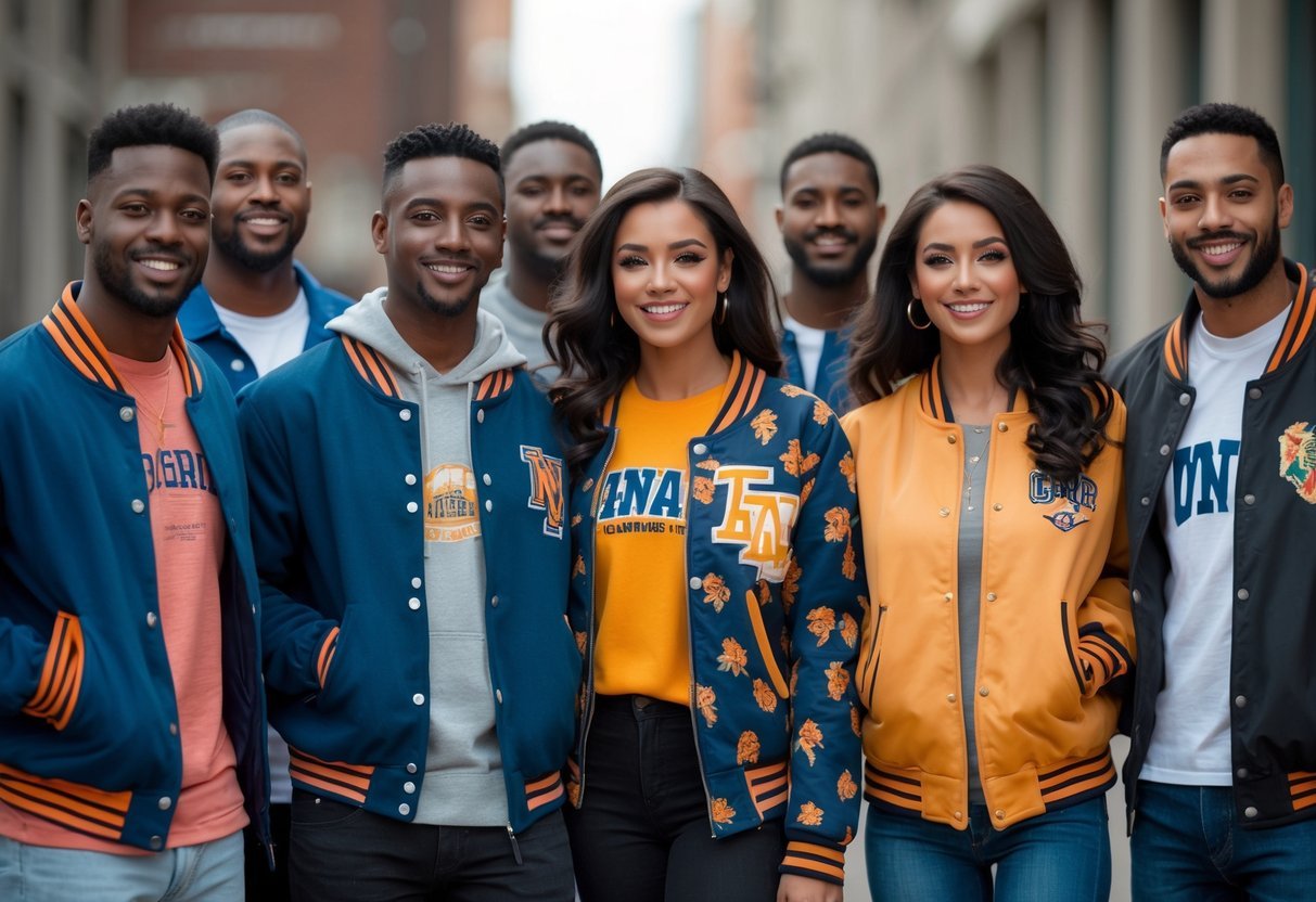 A group of men and women wearing different styles of varsity jackets standing together outdoors.