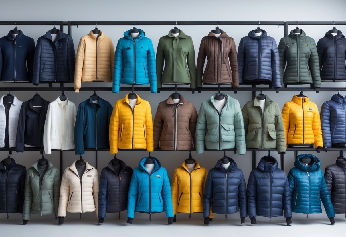 A display of 20 different types of jackets for men and women arranged on mannequins and hangers against a white background.