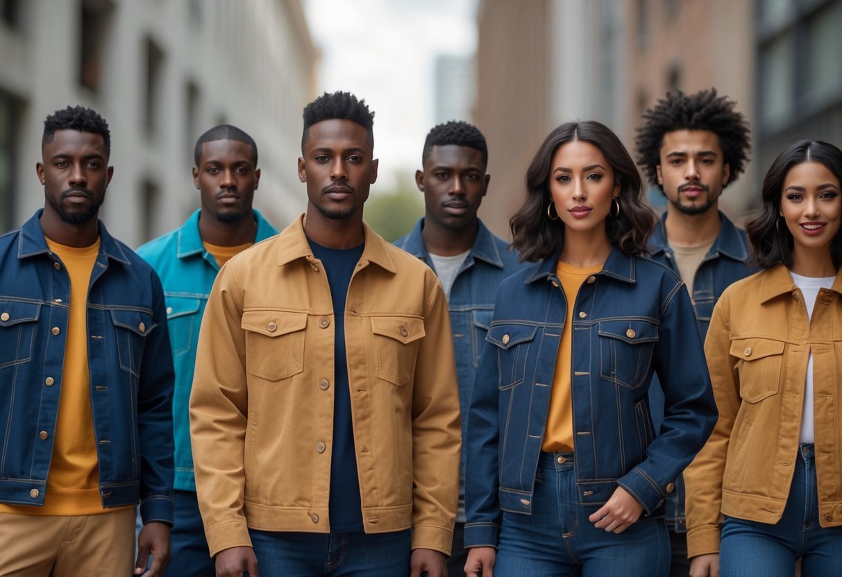 A group of men and women standing outdoors wearing different styles of chore jackets.